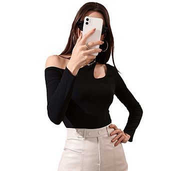 Women's Cut Out One Shoulder Long Sleeve Tee Shirt Asymmetrical Neck Slim Fit Tops