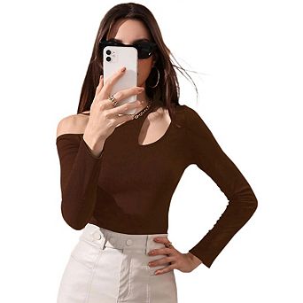 Women's Cut Out One Shoulder Long Sleeve Tee Shirt Asymmetrical Neck Slim Fit Tops
