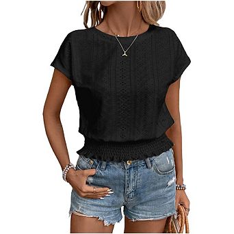 Women round neck Short Sleeve Shirts Eyelet Tops Smocked Waist Crop Tops Casual Plain T Shirts