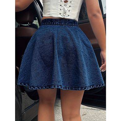 Women's High Waisted Button Down Flared Mini Jean Skirts Casual Pleated Flowy Denim Ruffle Skirts