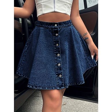Women's High Waisted Button Down Flared Mini Jean Skirts Casual Pleated Flowy Denim Ruffle Skirts