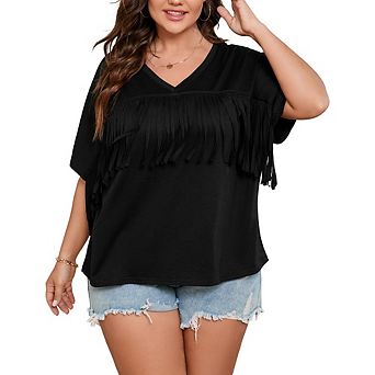 Women's Plus Short Sleeve Tops Fringe Hem V-Neck T Shirt Tops for Summer Beach Vacation
