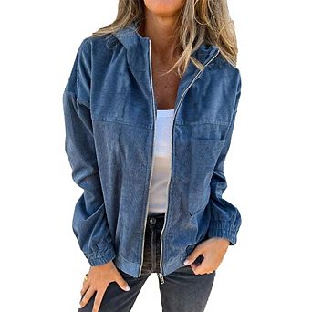 Women Zip Up Jacket Casual Corduroy Long Sleeve Hooded Coat Fall Loose Shacket Outerwear with Pocket