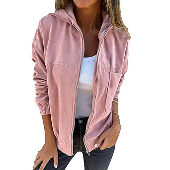 Women Zip Up Jacket Casual Corduroy Long Sleeve Hooded Coat Fall Loose Shacket Outerwear with Pocket