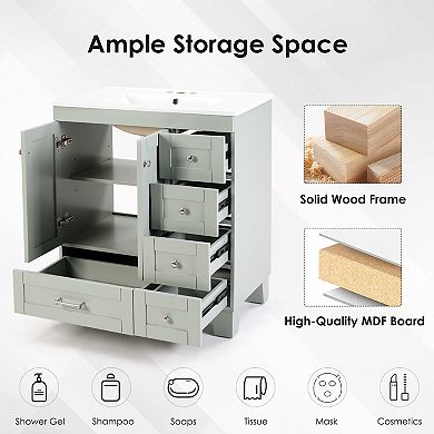 Bathroom Vanity with Sink 30 Inch Soft Close Drawers Hidden Compartments Freestanding Storage