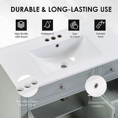 36 Inch Bathroom Vanity Soft Close Drawers Convertible Shelving Wood Construction Storage