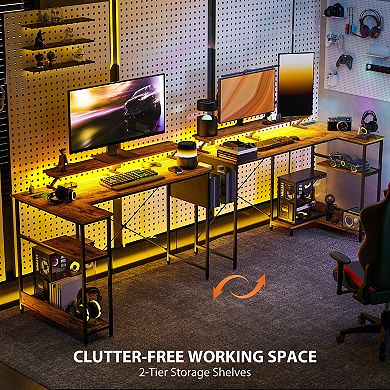 58" Reversible L Shaped Computer Desk with Power Outlet, LED Light and Monitor Stand
