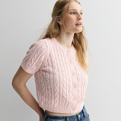 Juniors' Pink Rose Short Sleeve Crewneck Button Front Sweater
