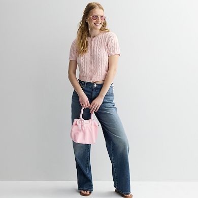 Juniors' Pink Rose Short Sleeve Crewneck Button Front Sweater