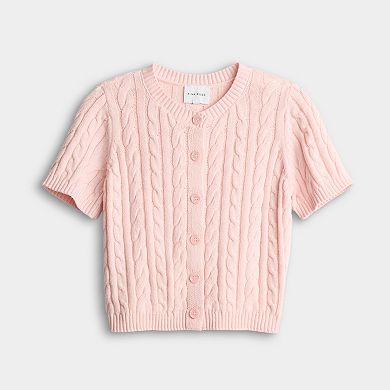 Juniors' Pink Rose Short Sleeve Crewneck Button Front Sweater