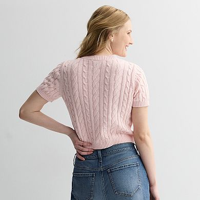 Juniors' Pink Rose Short Sleeve Crewneck Button Front Sweater