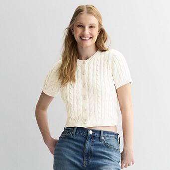 Juniors' Pink Rose Short Sleeve Crewneck Button Front Sweater