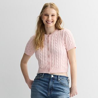 Juniors' Pink Rose Short Sleeve Crewneck Button Front Sweater