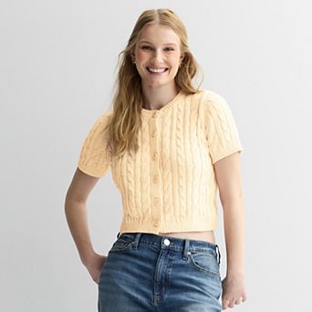 Juniors' Pink Rose Short Sleeve Crewneck Button Front Sweater