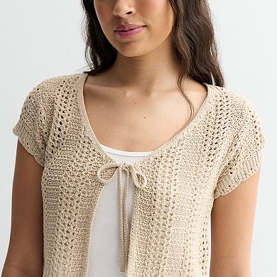 Juniors' Pink Rose Short Sleeve Front Tie Cardigan