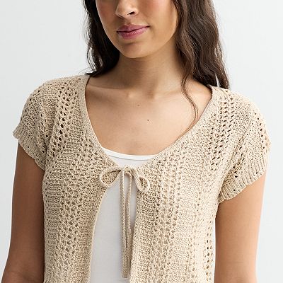 Juniors' Pink Rose Short Sleeve Front Tie Cardigan