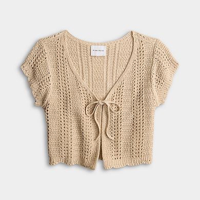 Juniors' Pink Rose Short Sleeve Front Tie Cardigan