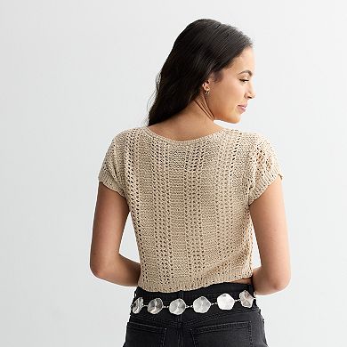 Juniors' Pink Rose Short Sleeve Front Tie Cardigan