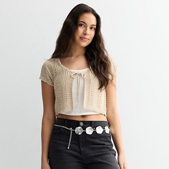 Juniors' Pink Rose Short Sleeve Front Tie Cardigan