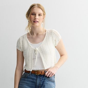 Juniors' Pink Rose Short Sleeve Front Tie Cardigan