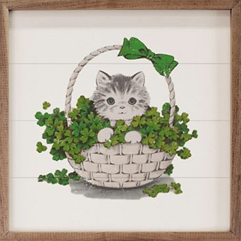 Kendrick Home Lucky Charm Cat In Basket Wall Art
