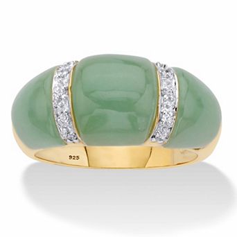PalmBeach Jewelry .20 ct w. Genuine Green Jade and White Topaz Gold-Plated Silver Dome Ring