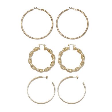 PalmBeach Jewelry 3 Pair Goldtone Rope and Twisted Hoop Earrings