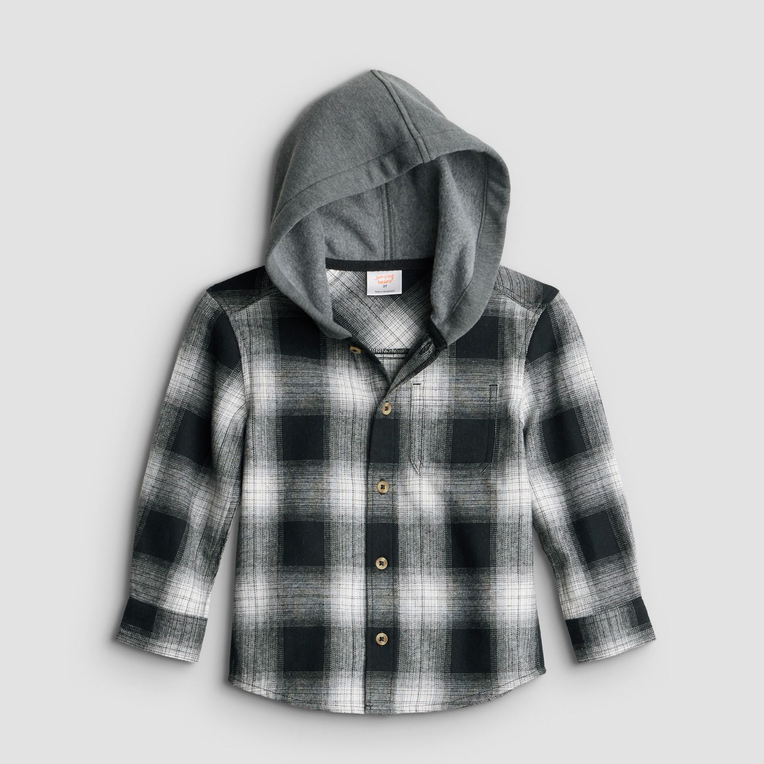 Рубашка Jumping Beans® Hooded Flannel Button-Down Shirt для мальчиков-малышей, цвет: Чёрная слоновая кость клетчатый