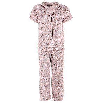 CTM Women's Patterned Button Down Short Sleeve Pajama Set