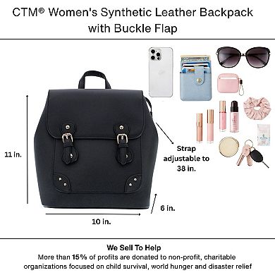 CTM Women's Synthetic Leather Backpack with Buckle Flap