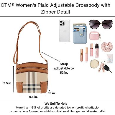 CTM Women's Plaid Adjustable Crossbody with Zipper Detail