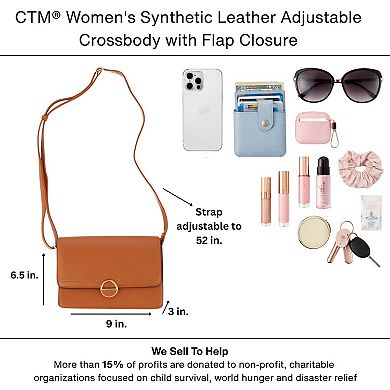 CTM Women's Synthetic Leather Adjustable Crossbody with Flap Closure