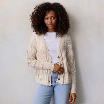 Petite LC Lauren Conrad V-Neck Slub Cabled Sweater Cardigan