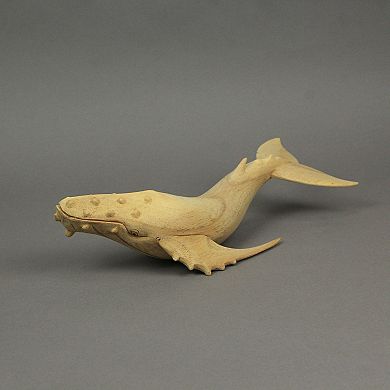 12" Hand Carved Humpback Whale Wooden Sculpture, Nautical Coastal Decor Figurine