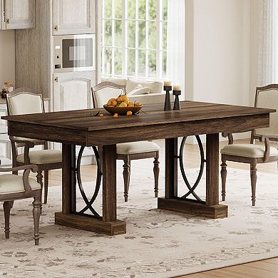 71" Dining Table with 2 Drawers & Double Pedestal, Large Wooden Table for 6-8
