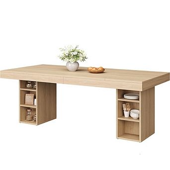 71" Dining Table for 6-8 with Dual Side Storage, Wooden Table with Double Pedestal Base