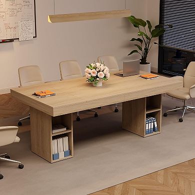 71" Dining Table for 6-8 with Dual Side Storage, Wooden Table with Double Pedestal Base