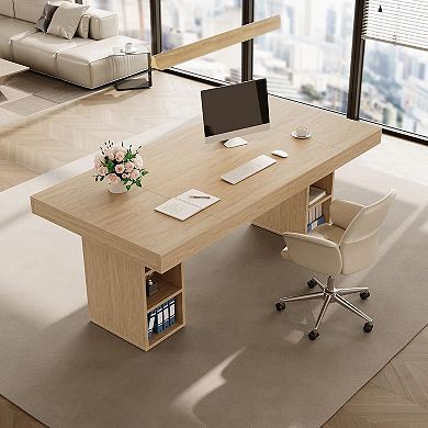 71" Dining Table for 6-8 with Dual Side Storage, Wooden Table with Double Pedestal Base