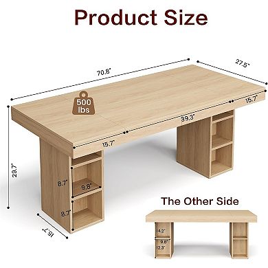 71" Dining Table for 6-8 with Dual Side Storage, Wooden Table with Double Pedestal Base