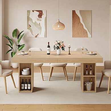 71" Dining Table for 6-8 with Dual Side Storage, Wooden Table with Double Pedestal Base