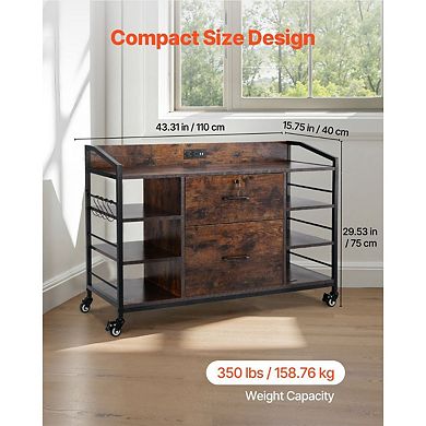 Office File Cabinet on Wheels with Power Strip, USB Ports, and Storage Hooks