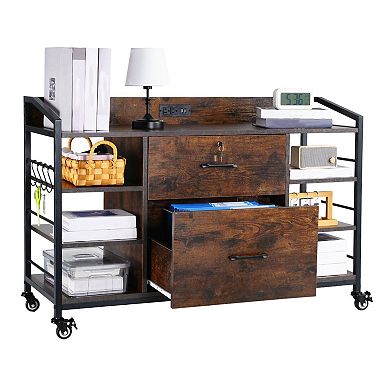 Office File Cabinet on Wheels with Power Strip, USB Ports, and Storage Hooks