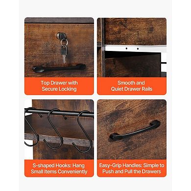 Office File Cabinet on Wheels with Power Strip, USB Ports, and Storage Hooks