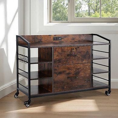 Office File Cabinet on Wheels with Power Strip, USB Ports, and Storage Hooks