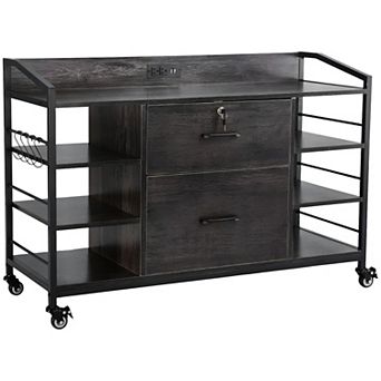 Office File Cabinet on Wheels with Power Strip, USB Ports, and Storage Hooks