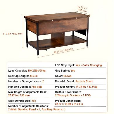 Coffee Table with Dual Lift Modes, Hidden Compartment, Shelves, and Lighting