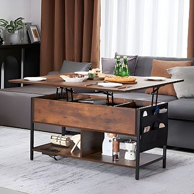 Coffee Table with Dual Lift Modes, Hidden Compartment, Shelves, and Lighting