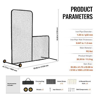 7 ft L-Screen Pitching Net for Left and Right-Handed Players with Wheels
