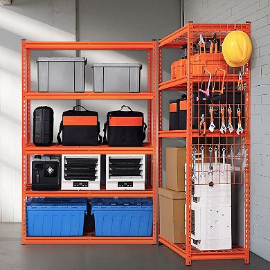 Garage Steel Shelving Rack with Adjustable Tiers and Side Hooks