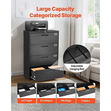 Metal Office File Cabinet with 4 Lockable Drawers and Anti-Tip Safety - Black